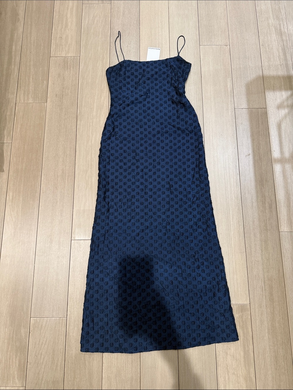 Reformation Avena Navy Textured Slip Dress with Spaghetti Straps